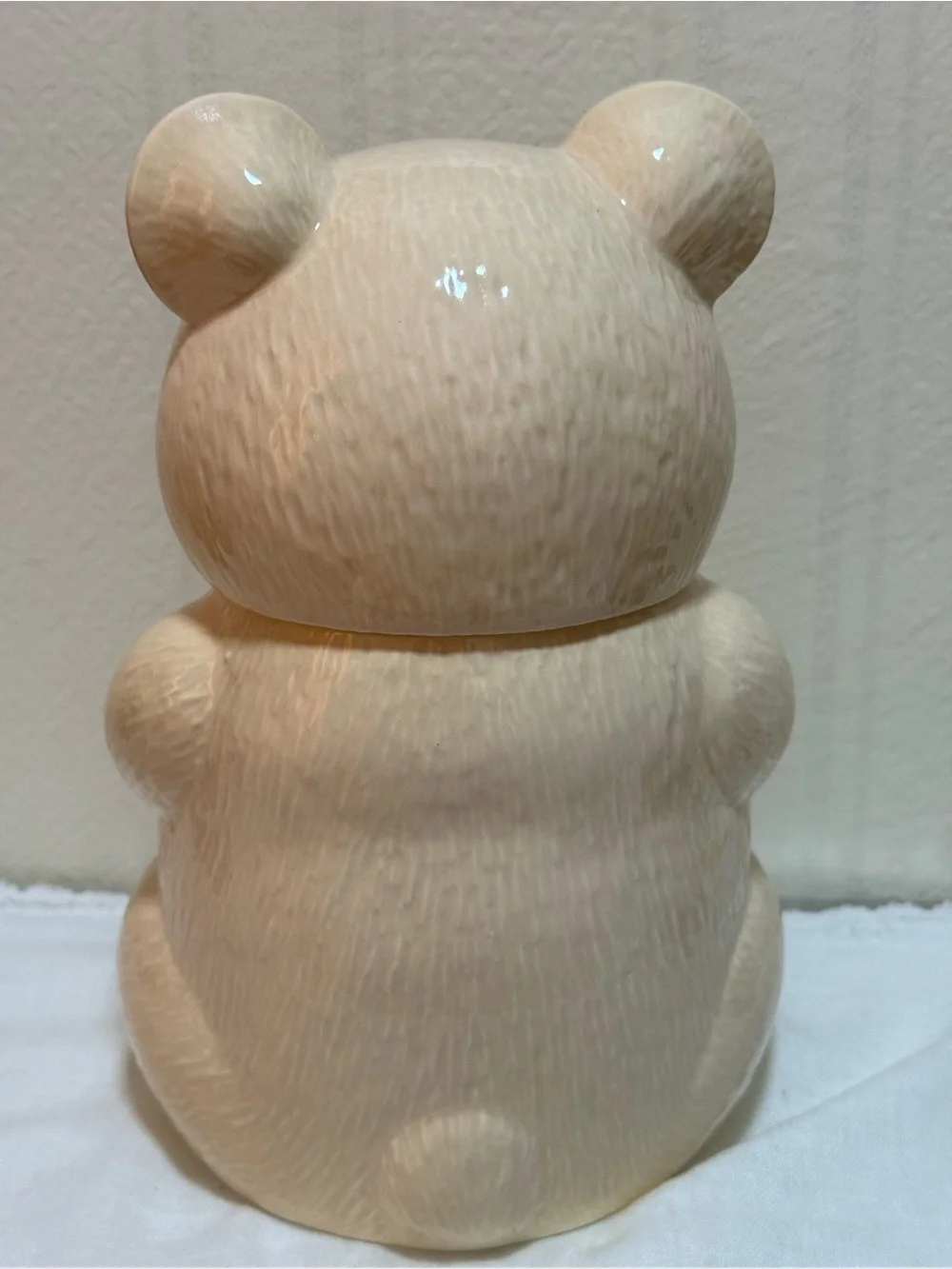 Japan Ceramic Pottery Teddy Bear Jar Beige Red Bow Glossy Finish 9 in